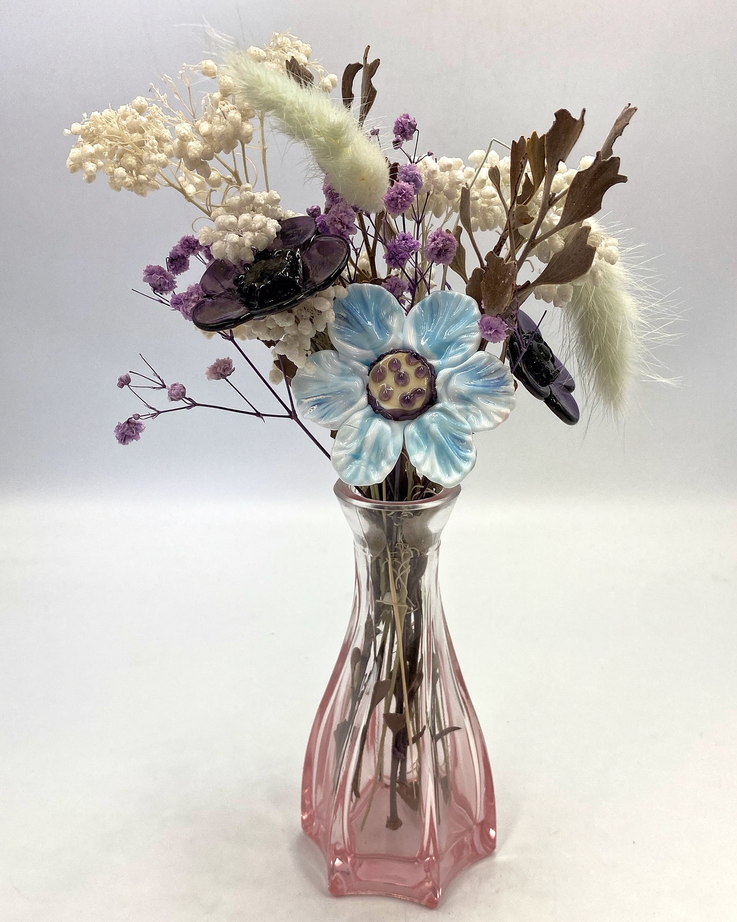 Wisteria Tide Trio — Marbled Aqua & Purple Glass Flowers with Dried Flowers