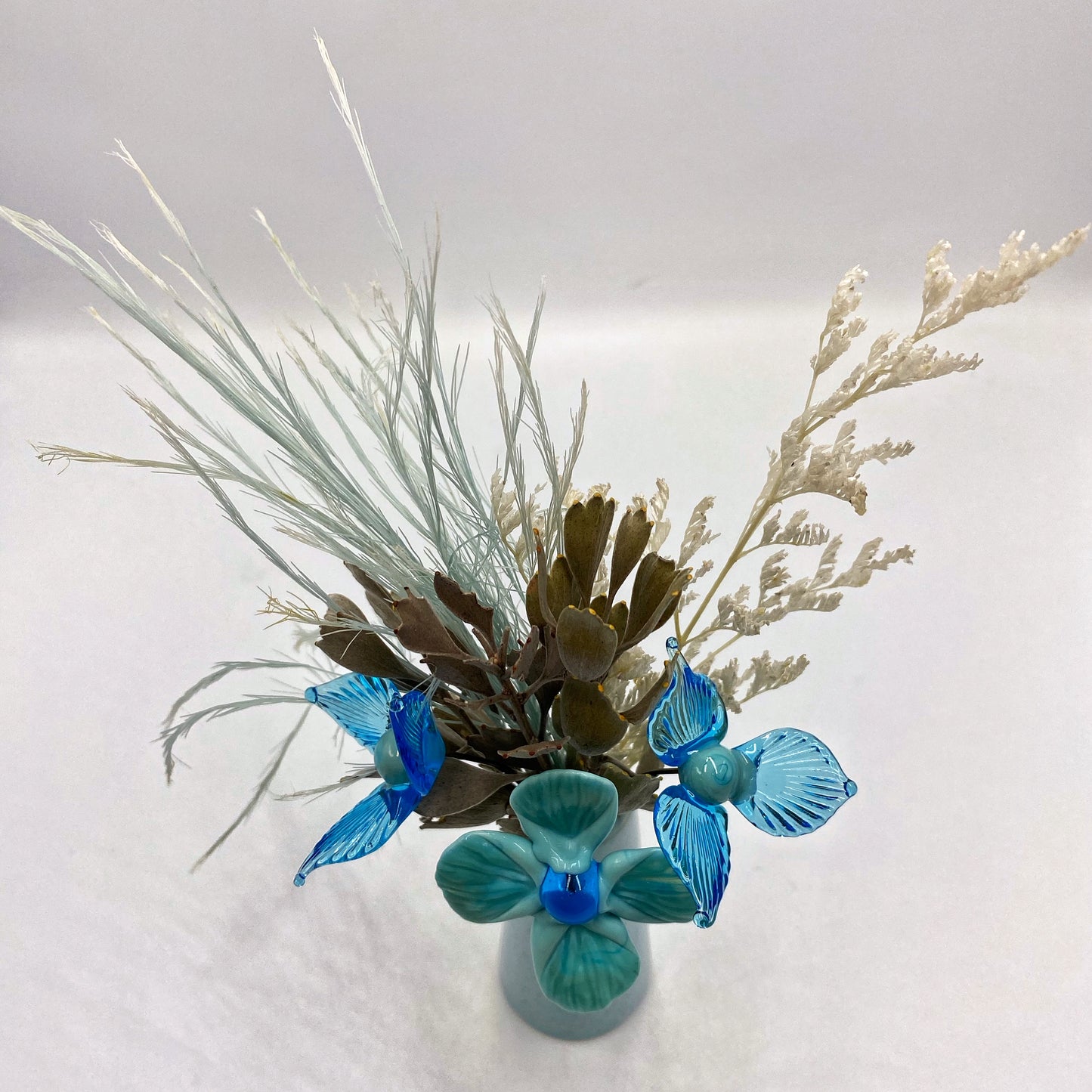 Aqua Azure Glass and Dried Flower Vase