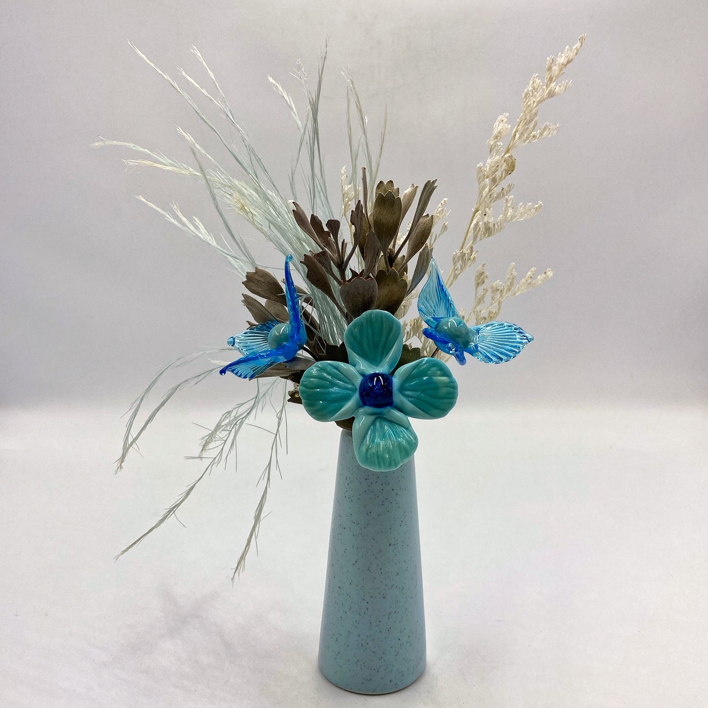 Aqua Azure Glass and Dried Flower Vase