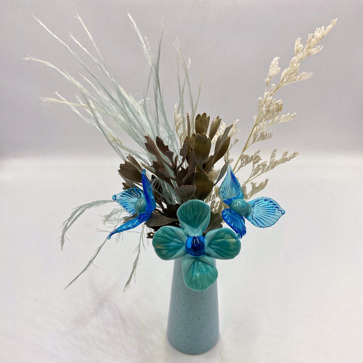 Aqua Azure Glass and Dried Flower Vase