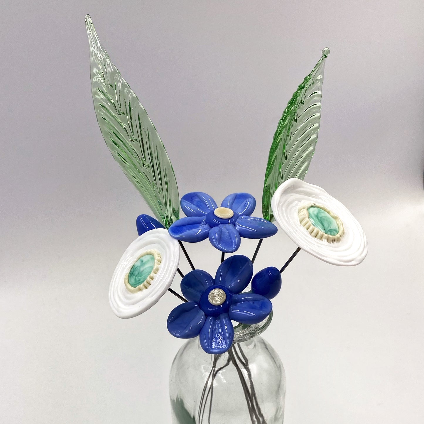 Azure Blooms Glass Flower Bouquet in Glass Vase