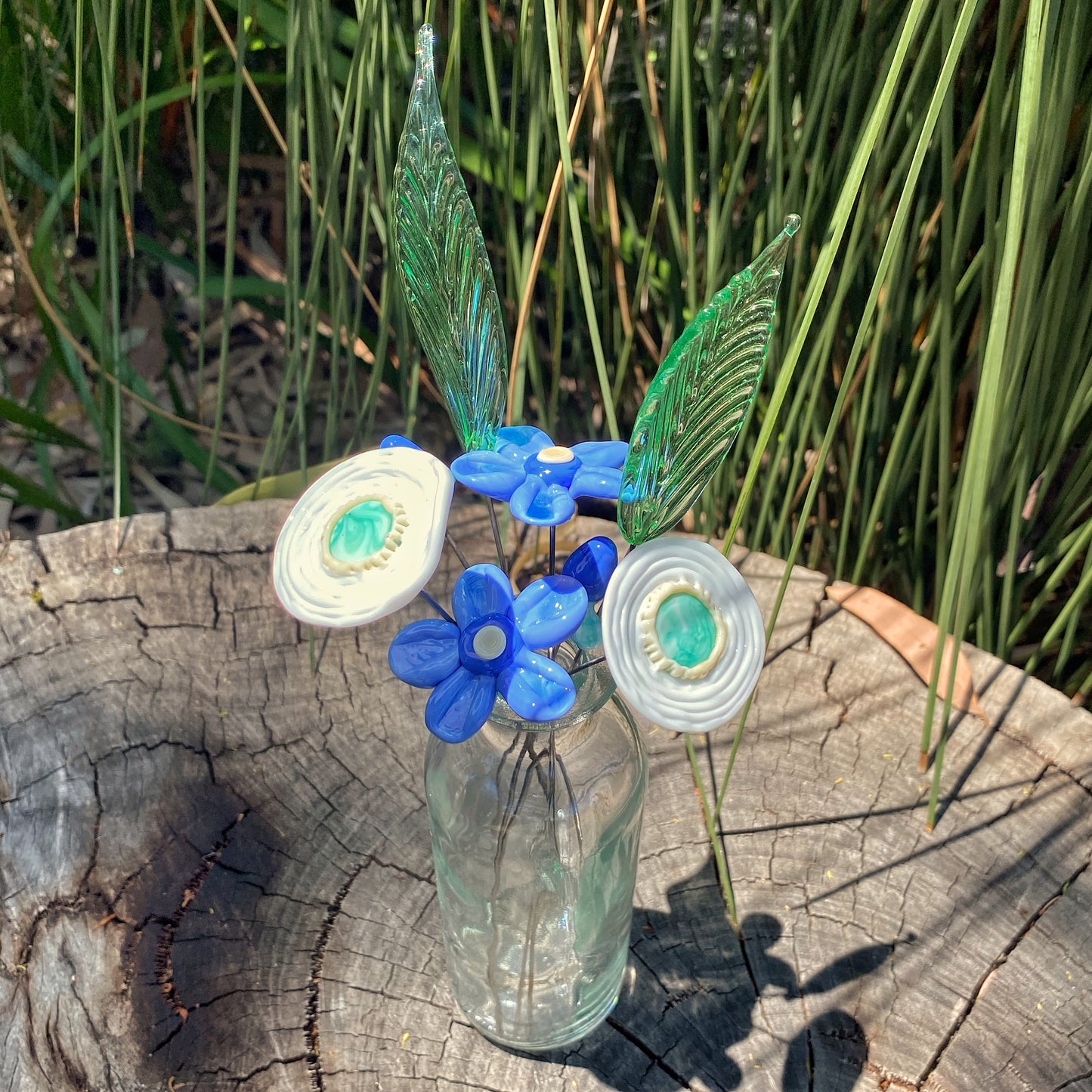 Azure Blooms Glass Flower Bouquet in Glass Vase