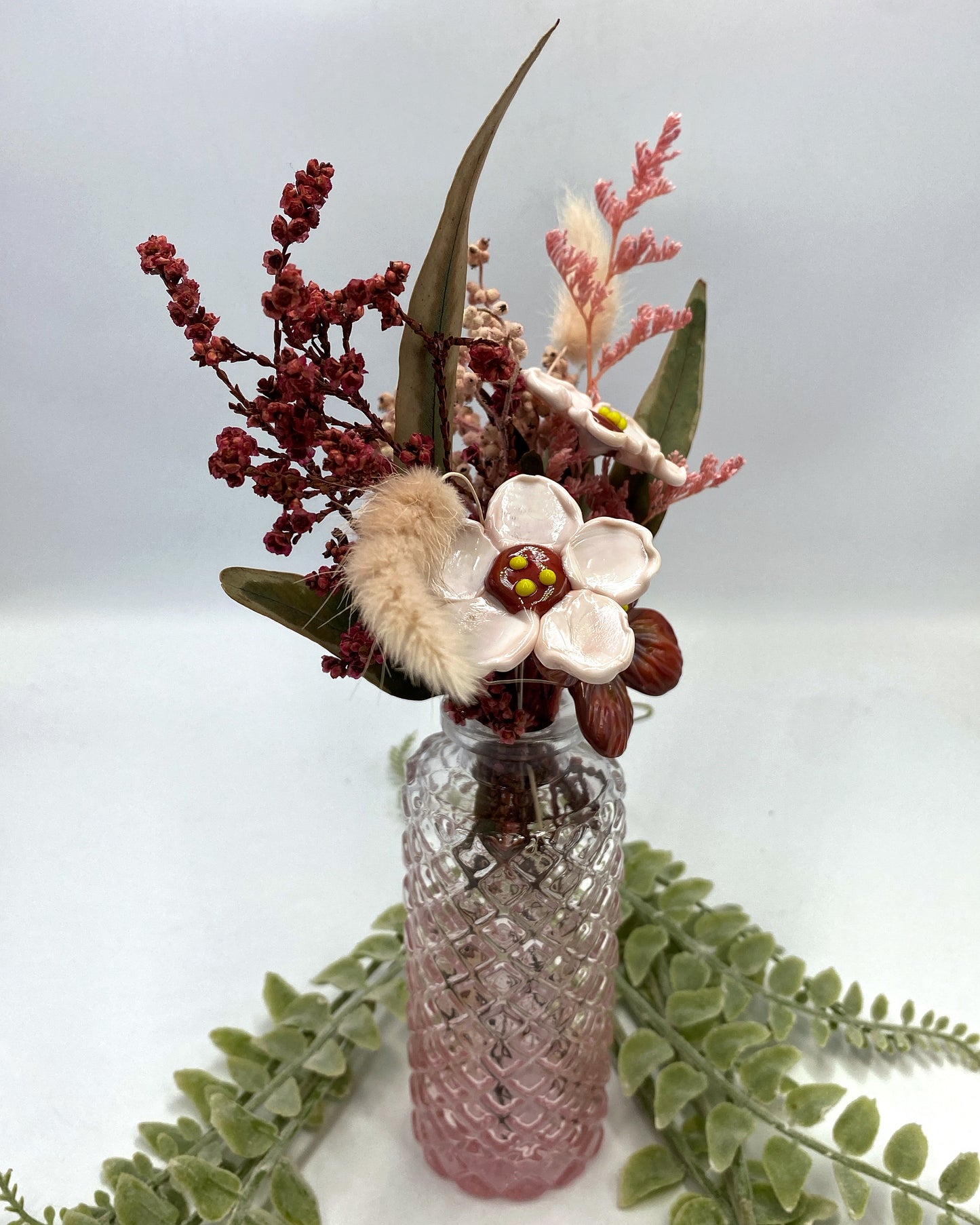 Blushfire Trio — Mottled Orange-Red & Pink Glass Flowers with Dried Flowers