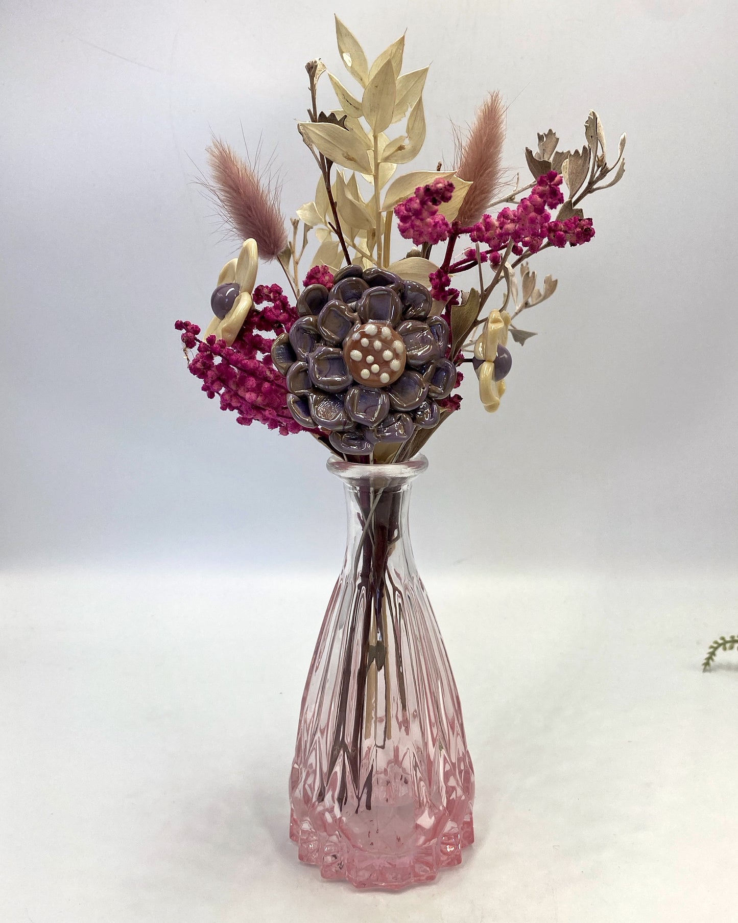 Dusklight Trio — Ivory, Dusky Pink & Lilac Glass Flowers with Dried Flowers