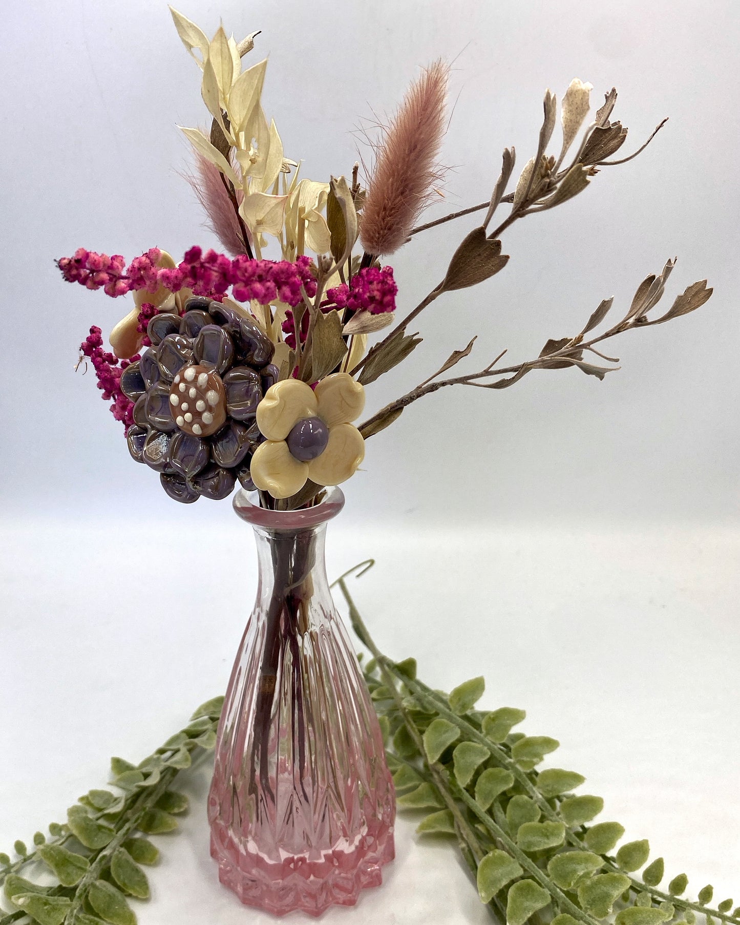 Dusklight Trio — Ivory, Dusky Pink & Lilac Glass Flowers with Dried Flowers