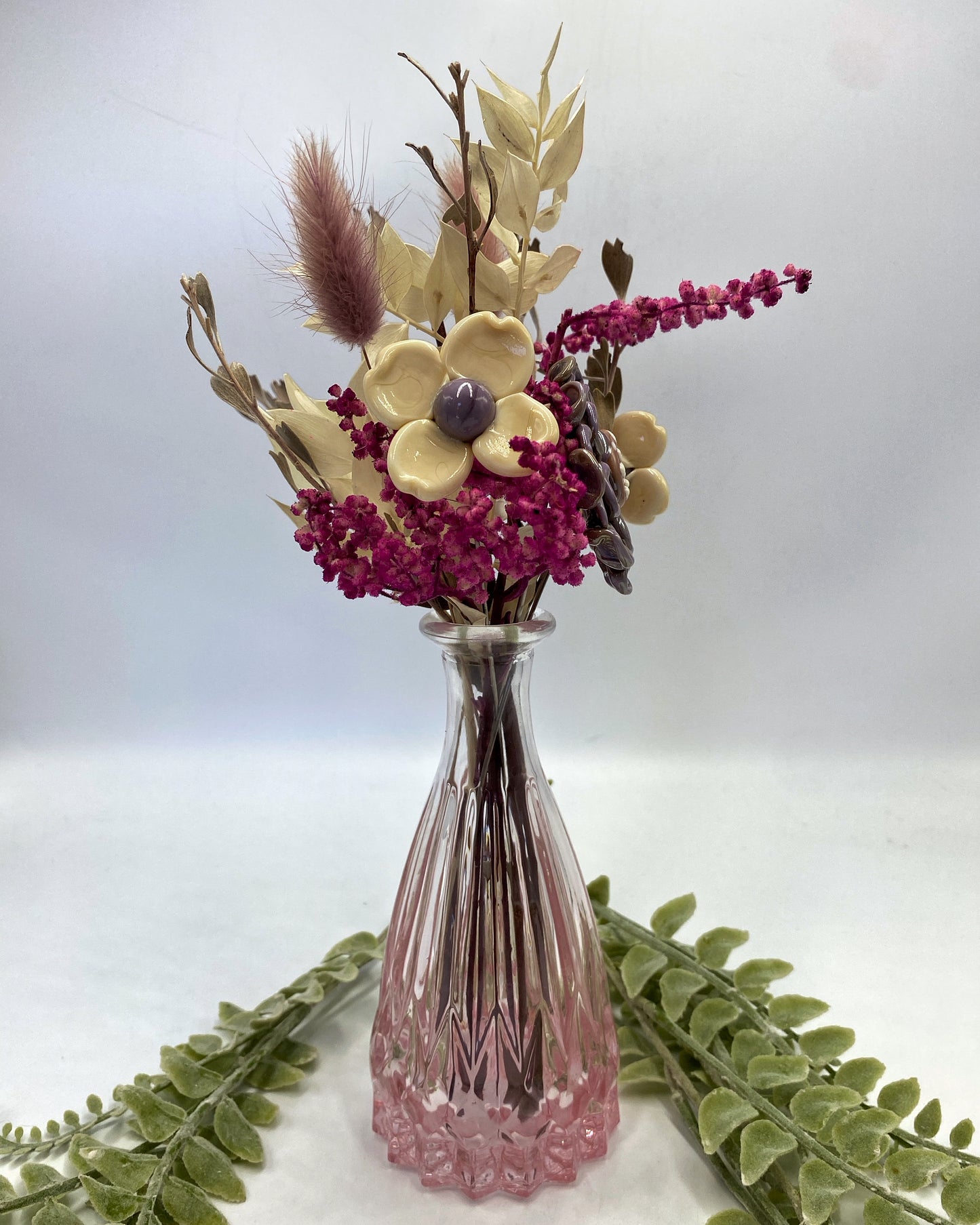 Dusklight Trio — Ivory, Dusky Pink & Lilac Glass Flowers with Dried Flowers