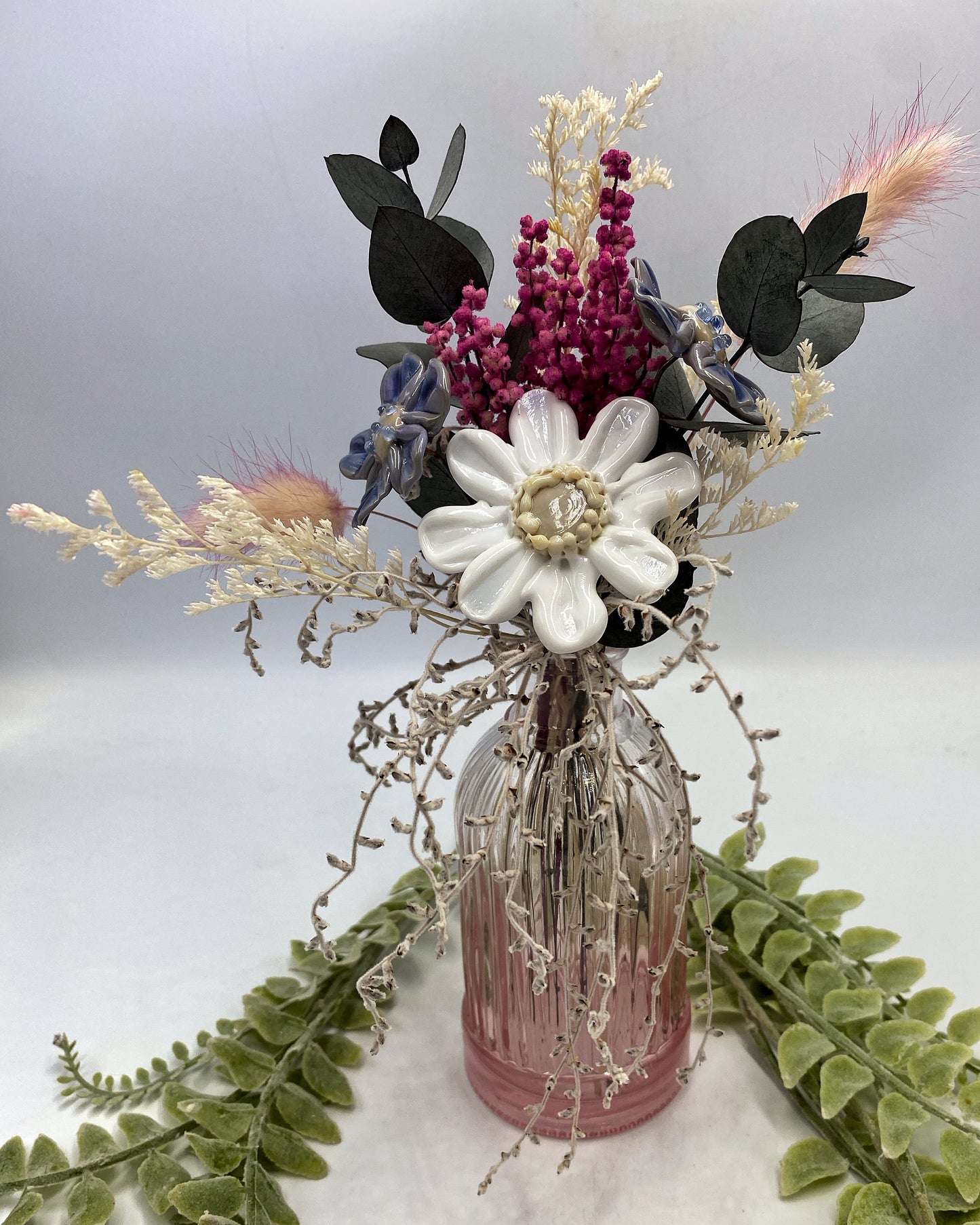 Lilac Skies Trio — White Daisy & Soft Lilac Glass Flowers with Dried Flowers