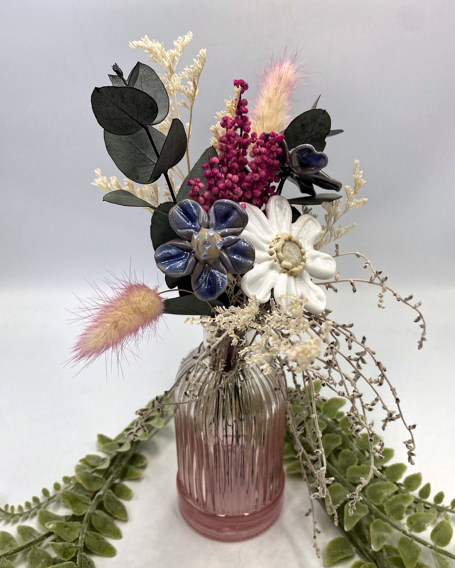 Lilac Skies Trio — White Daisy & Soft Lilac Glass Flowers with Dried Flowers