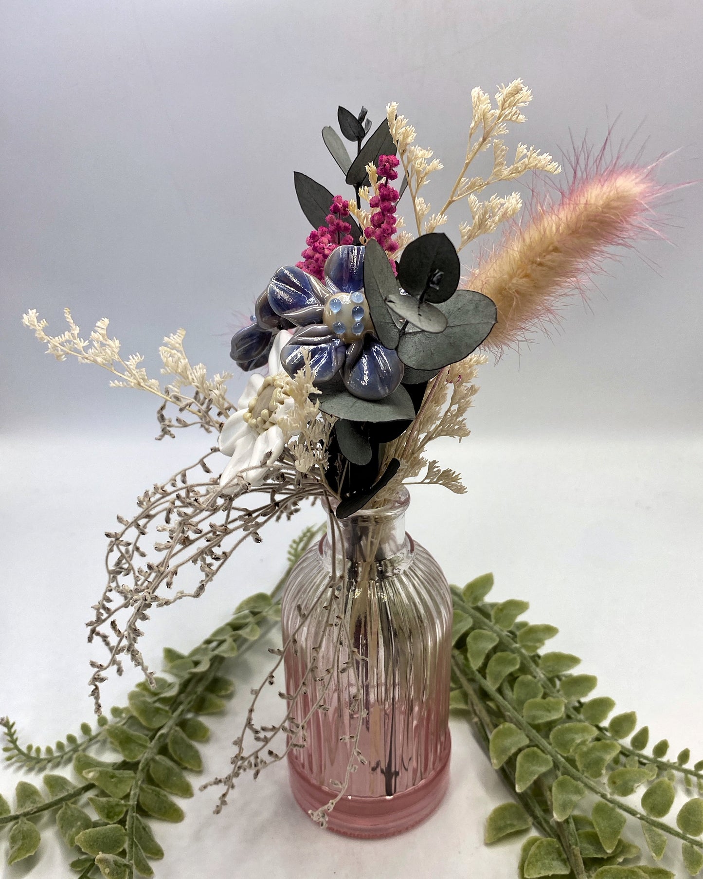 Lilac Skies Trio — White Daisy & Soft Lilac Glass Flowers with Dried Flowers