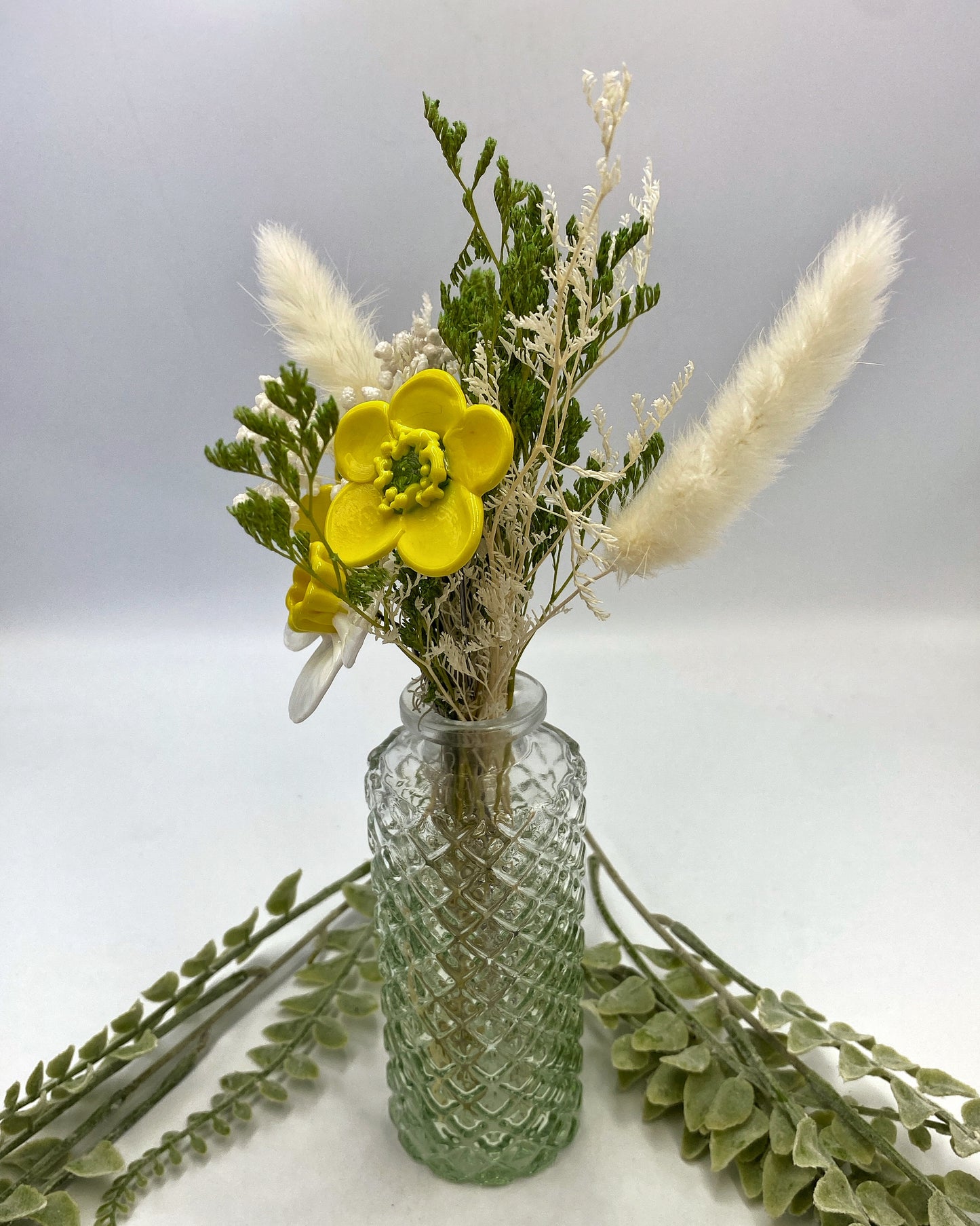 Sunbeam Trio — Daffodil & Buttercup Glass Flowers with Dried Flowers