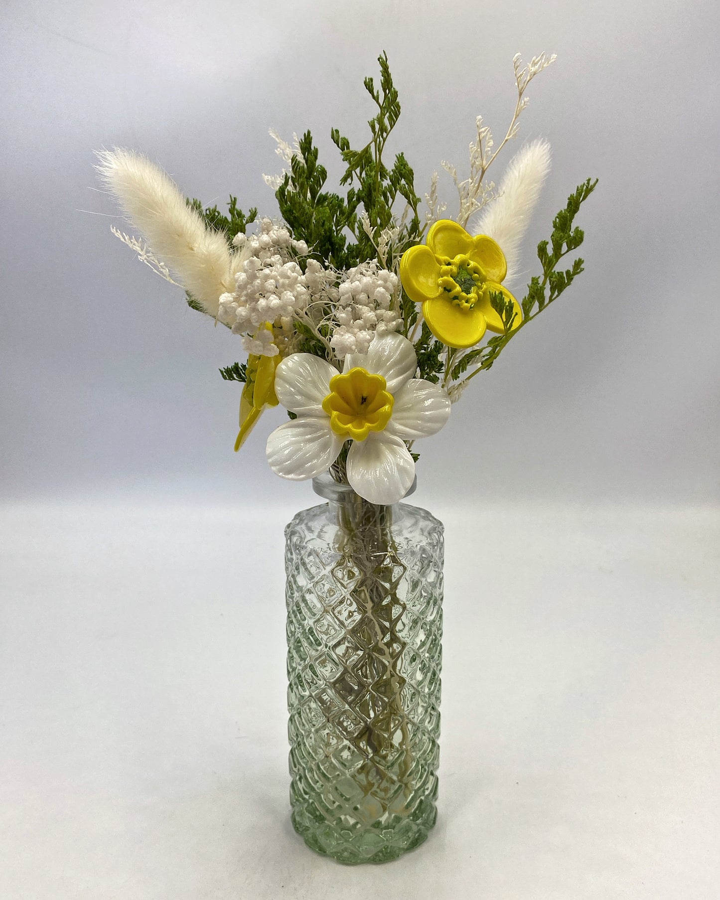 Sunbeam Trio — Daffodil & Buttercup Glass Flowers with Dried Flowers