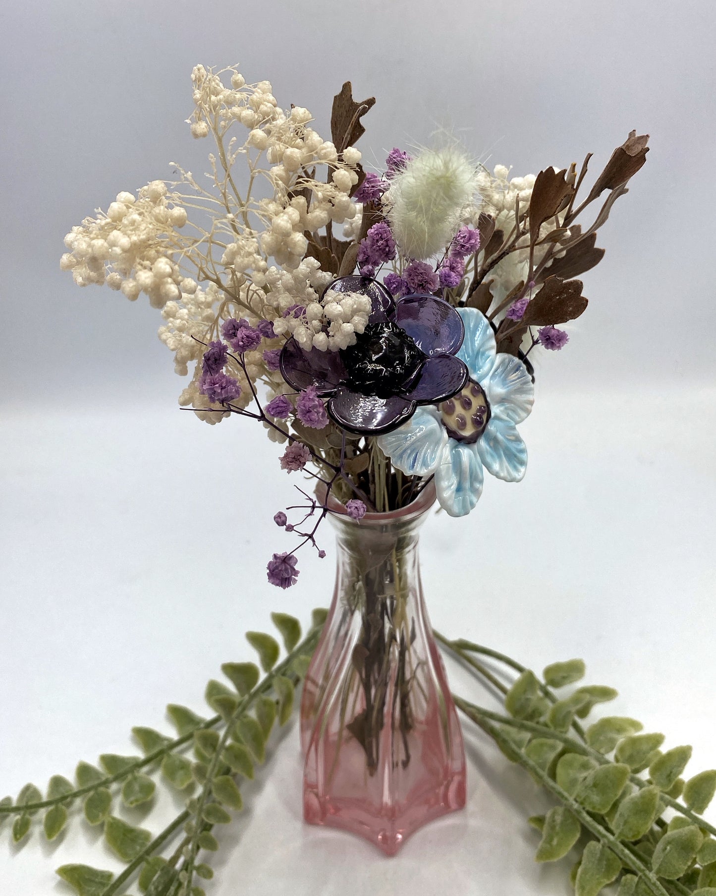 Wisteria Tide Trio — Marbled Aqua & Purple Glass Flowers with Dried Flowers