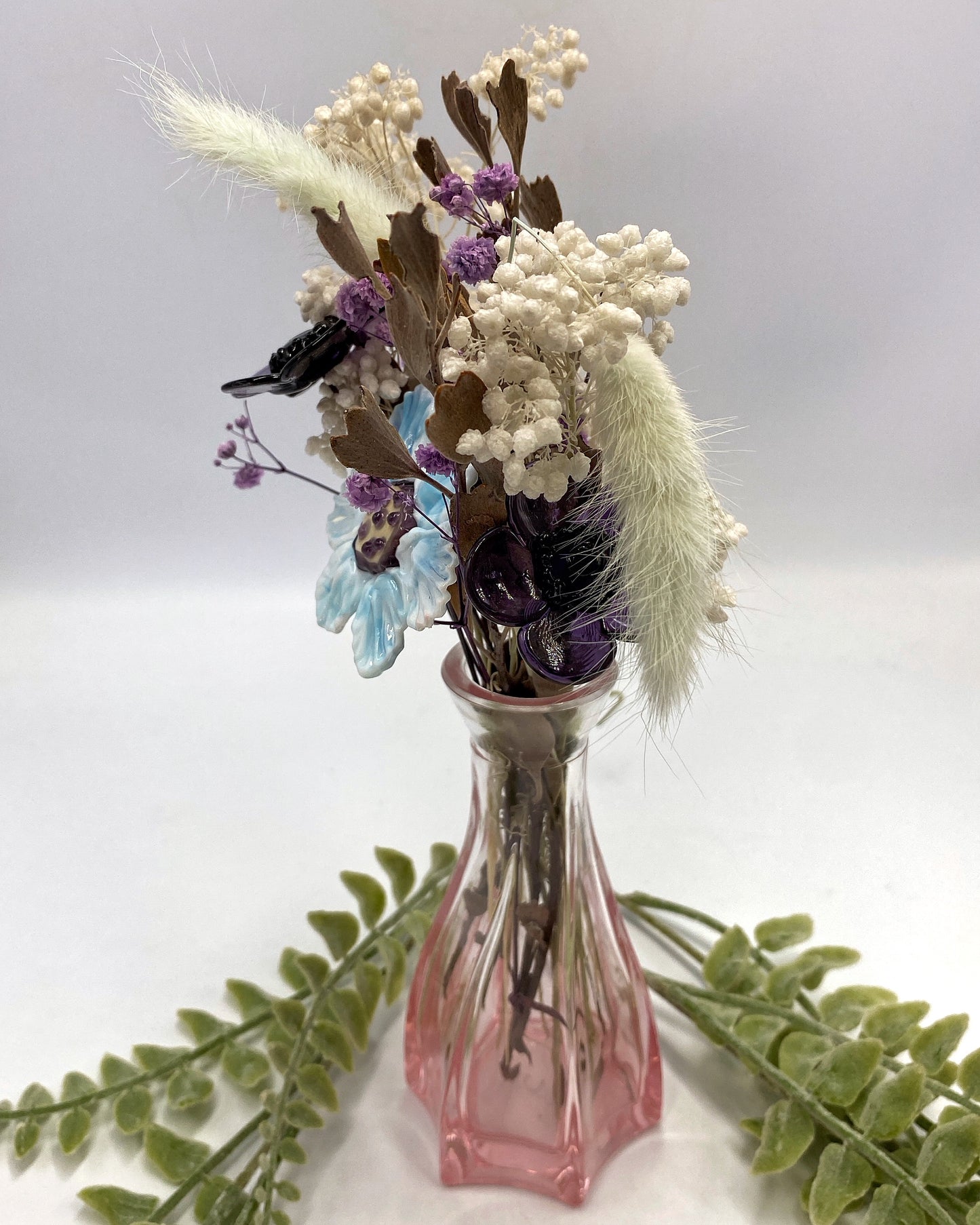 Wisteria Tide Trio — Marbled Aqua & Purple Glass Flowers with Dried Flowers
