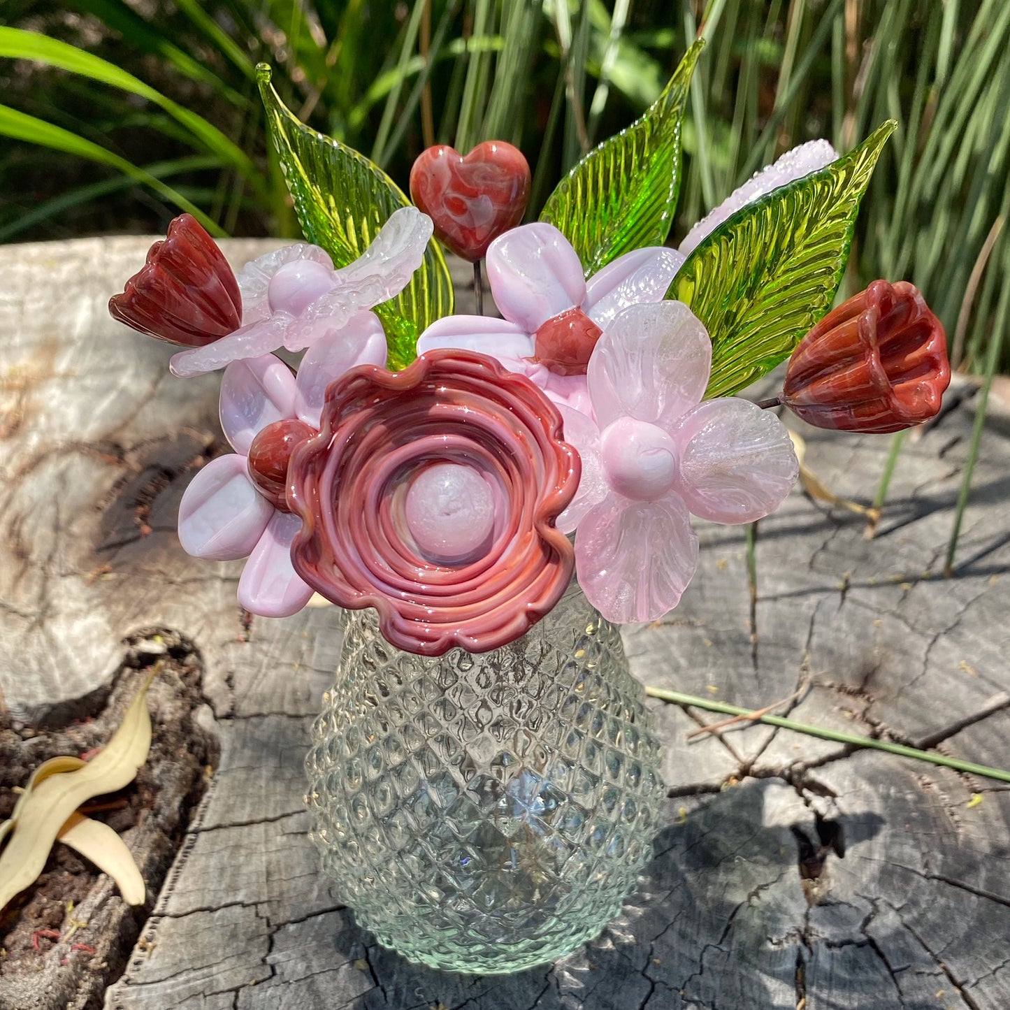 Sweet Strawberry Valentines Day Glass Flowers in Glass Vase