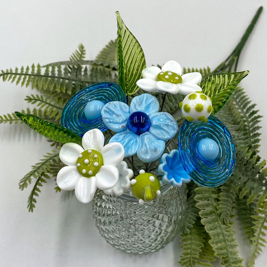 Aqua Meadow Glass Flower Bouquet in Glass Vase