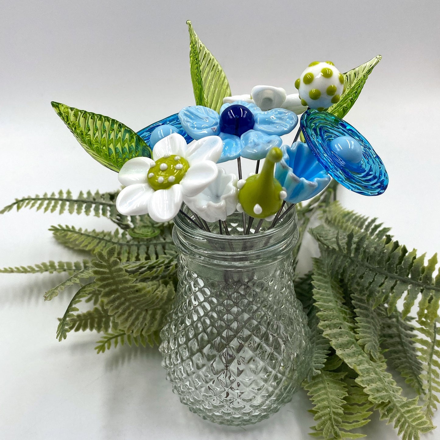 Aqua Meadow Glass Flower Bouquet in Glass Vase