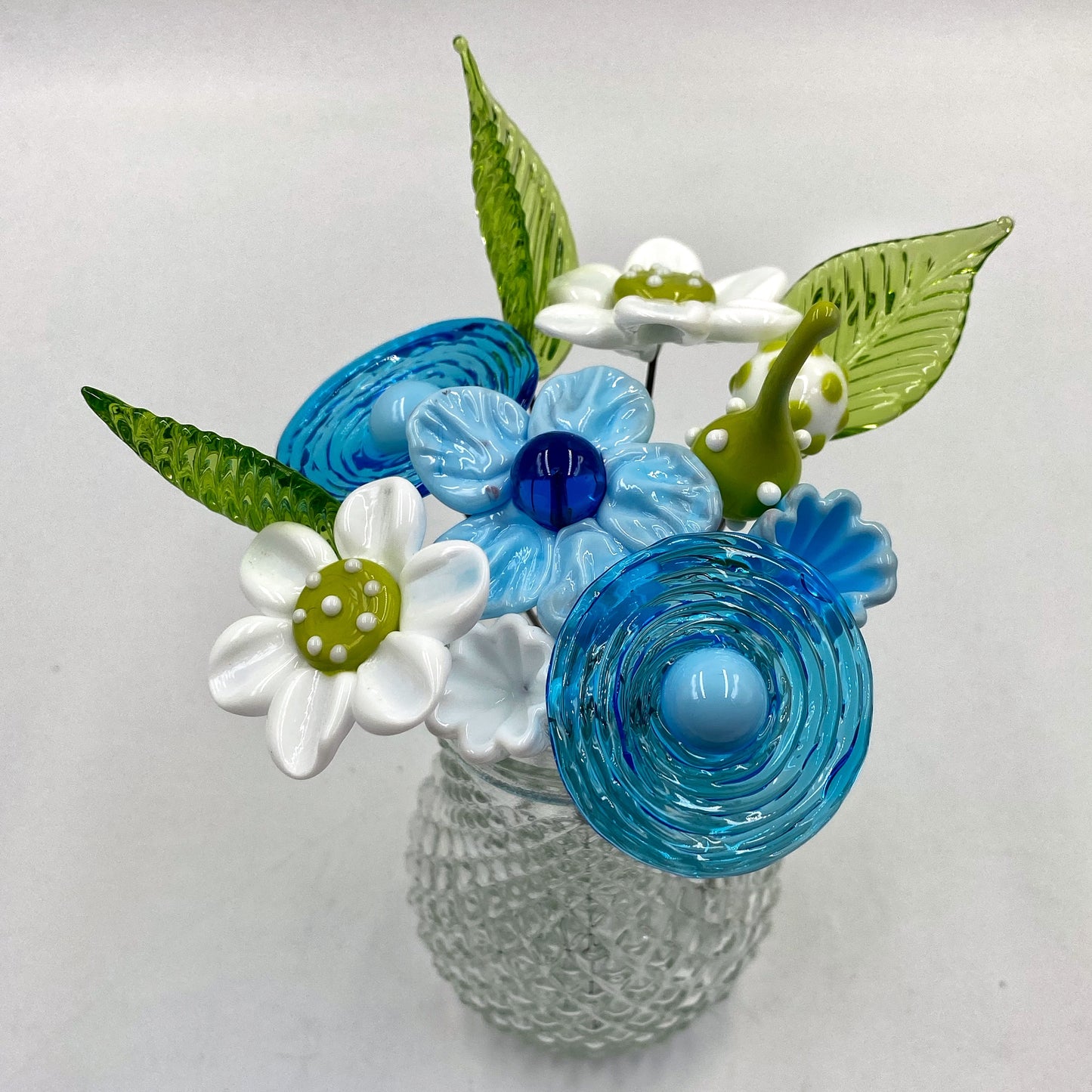 Aqua Meadow Glass Flower Bouquet in Glass Vase