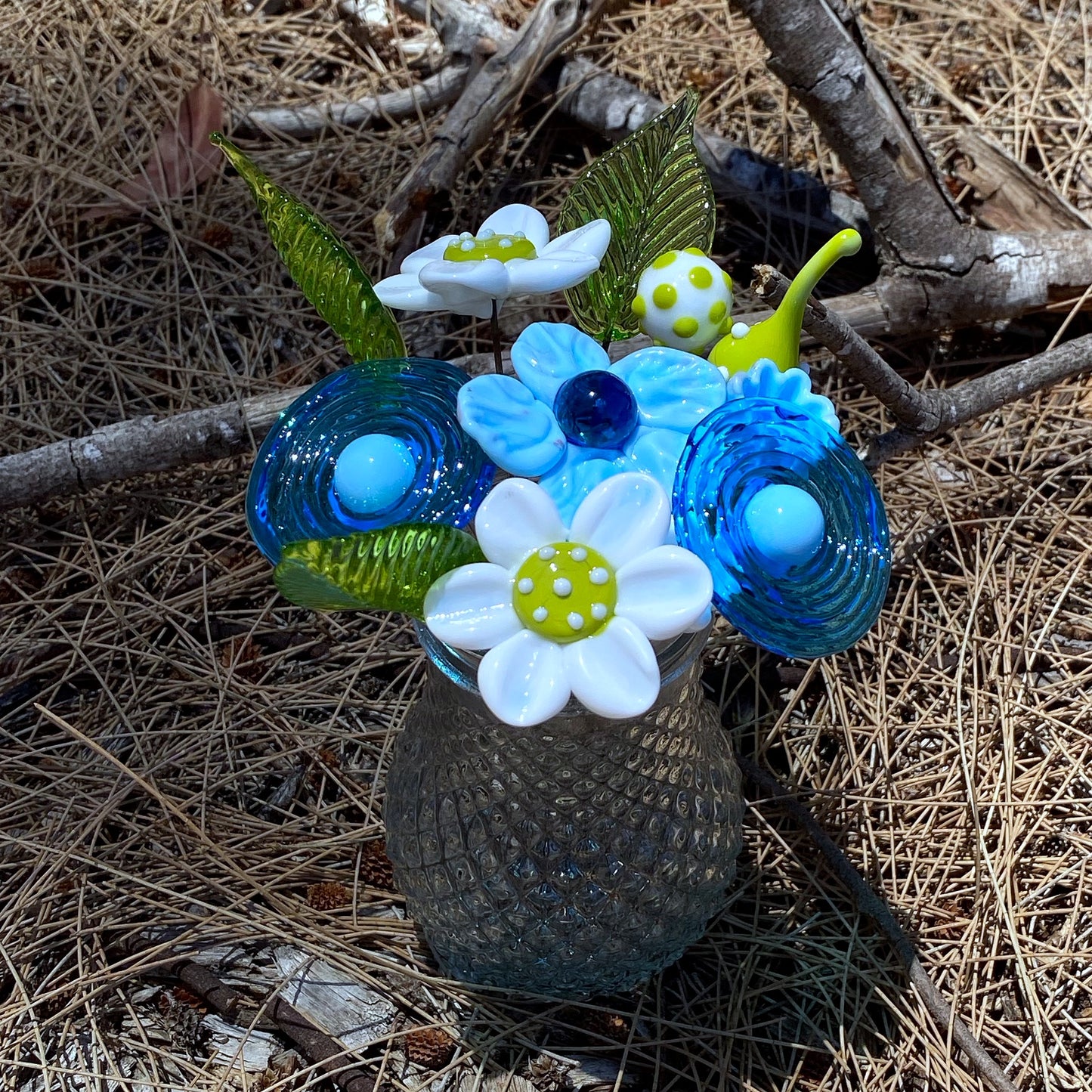 Aqua Meadow Glass Flower Bouquet in Glass Vase