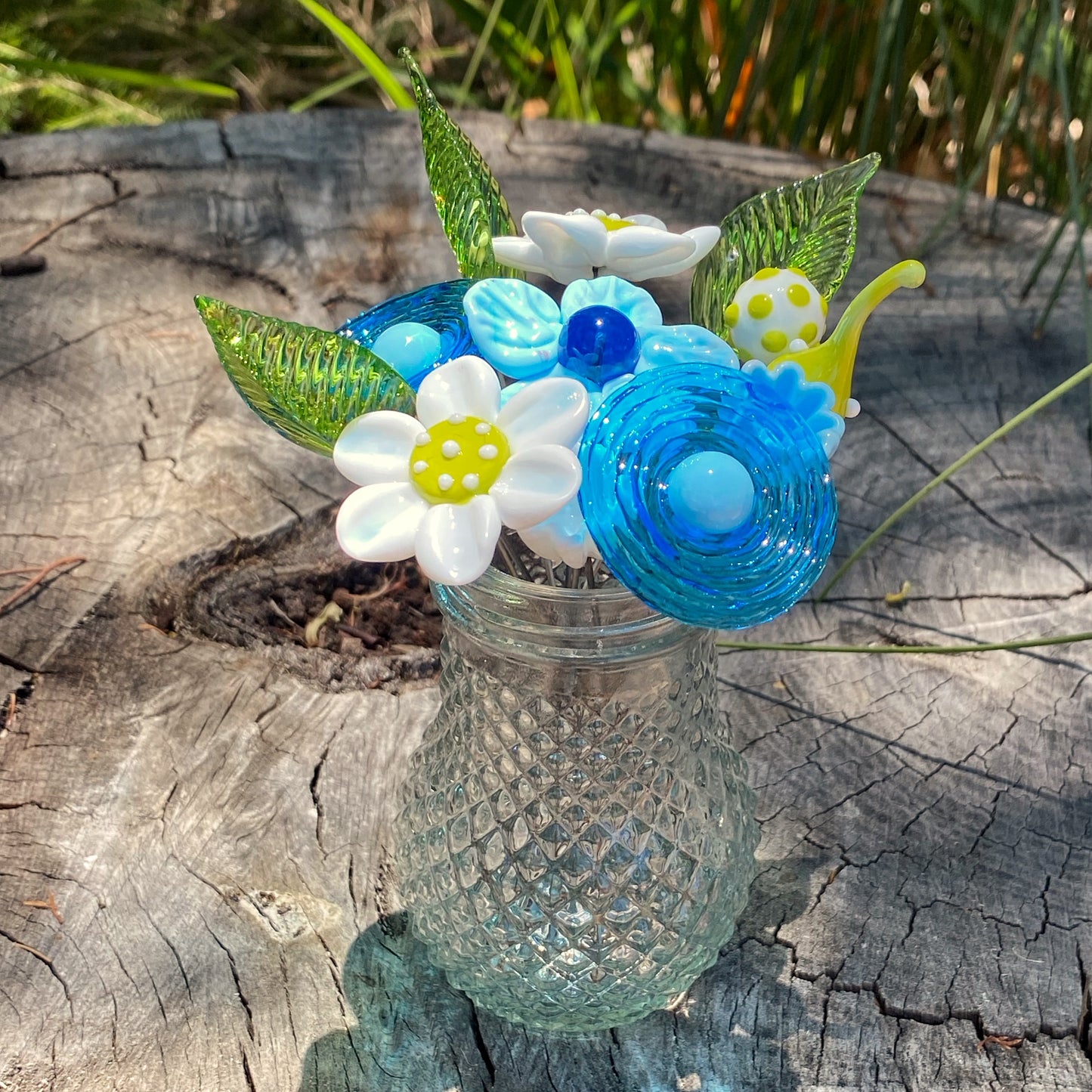 Aqua Meadow Glass Flower Bouquet in Glass Vase