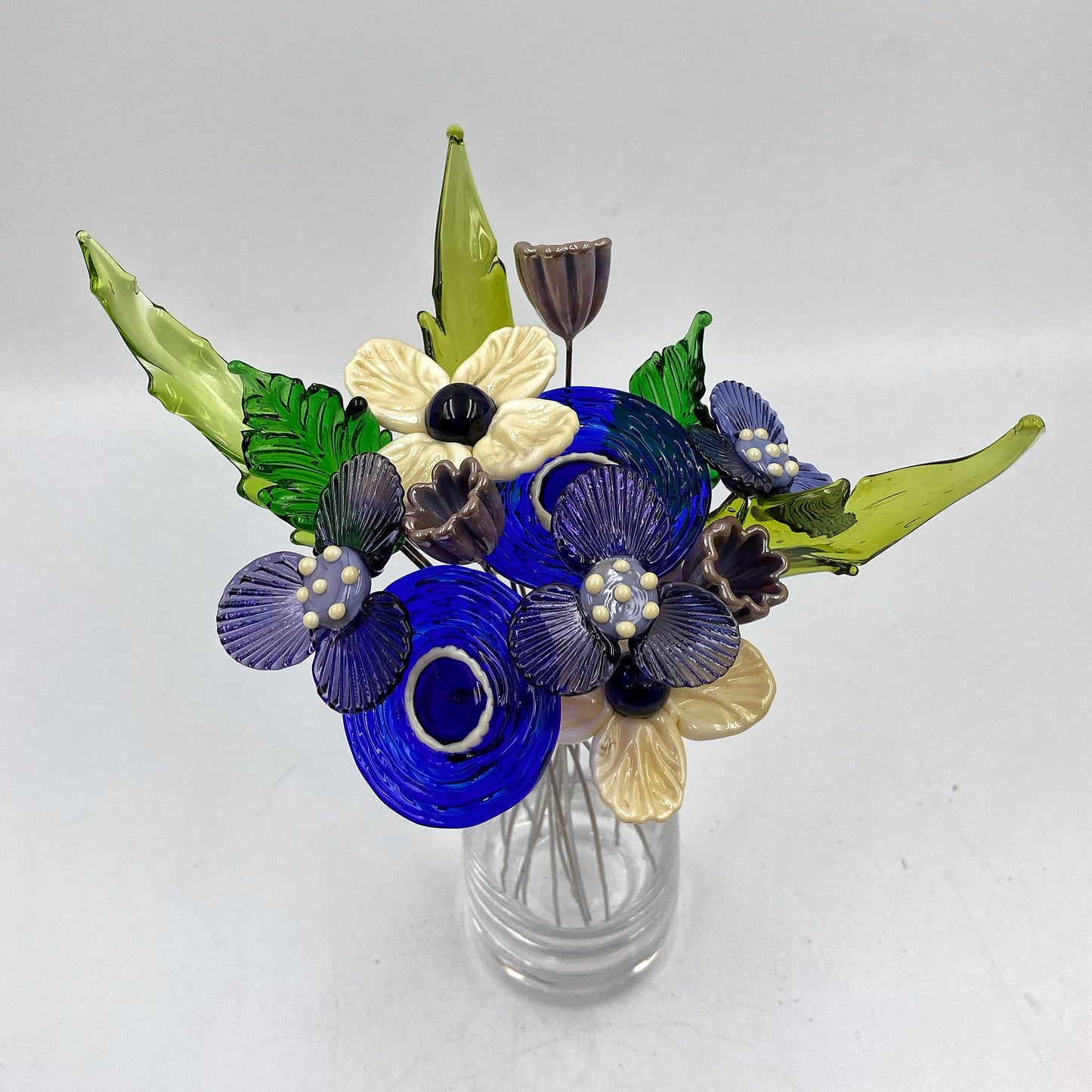 Rhapsody in Blue Glass Flower Bouquet in Glass Vase