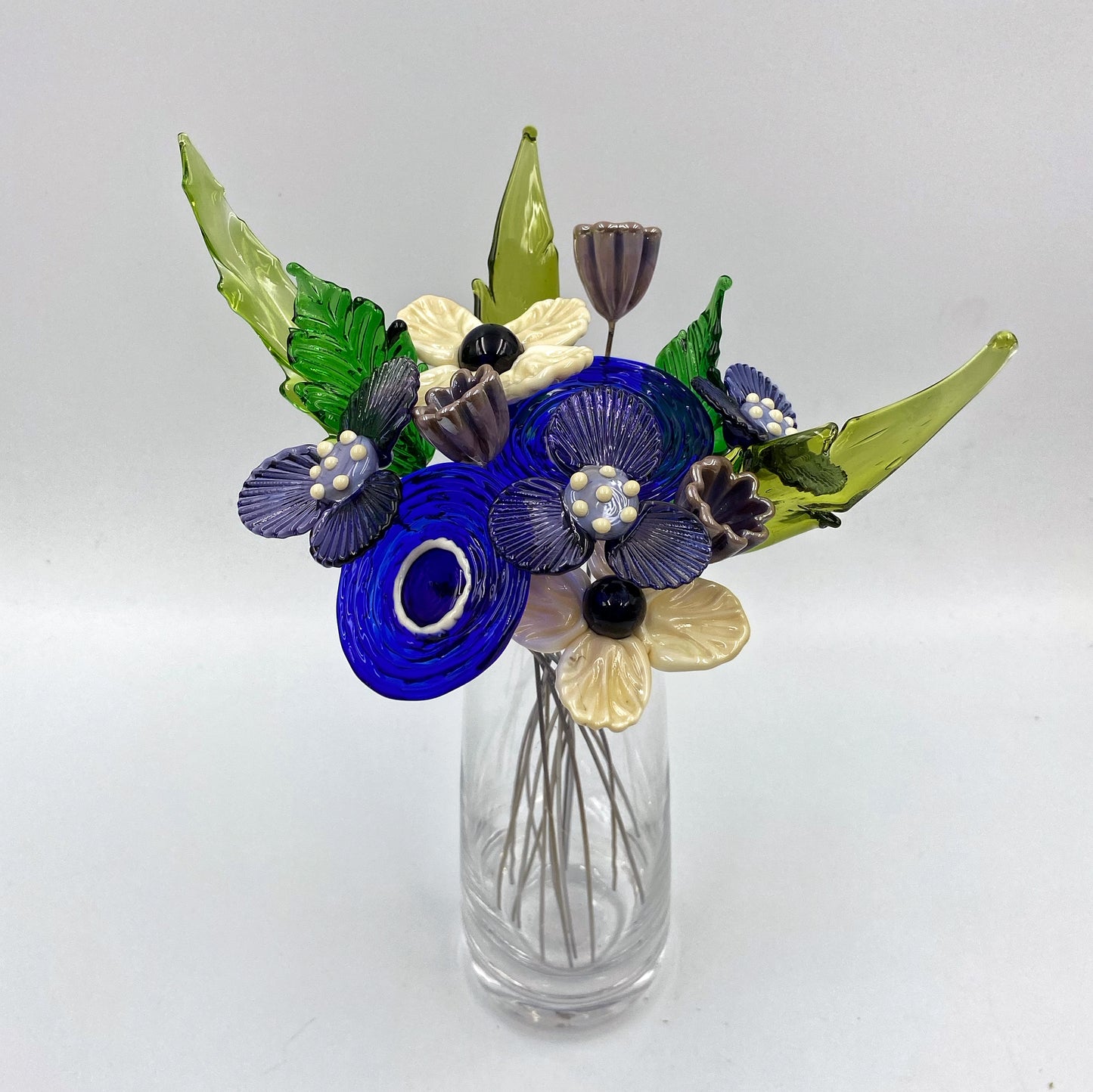 Rhapsody in Blue Glass Flower Bouquet in Glass Vase