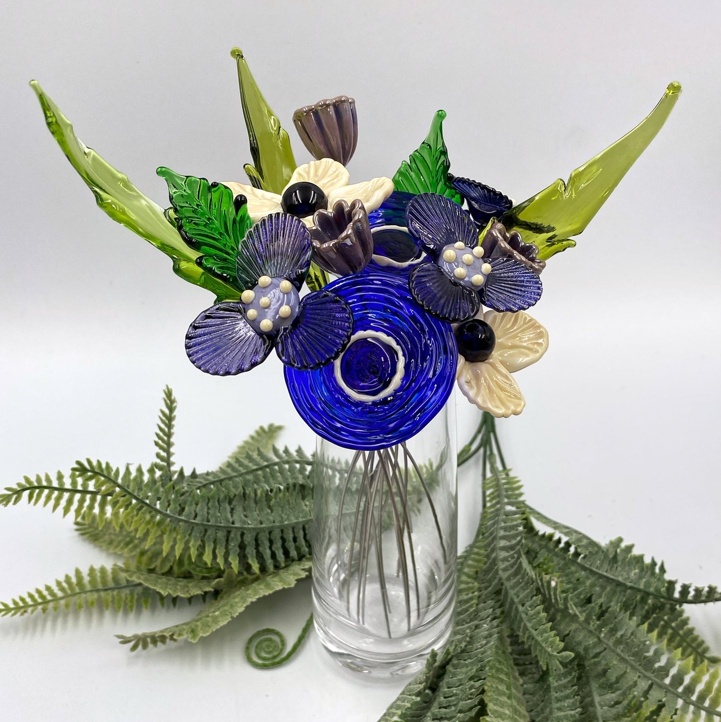 Rhapsody in Blue Glass Flower Bouquet in Glass Vase