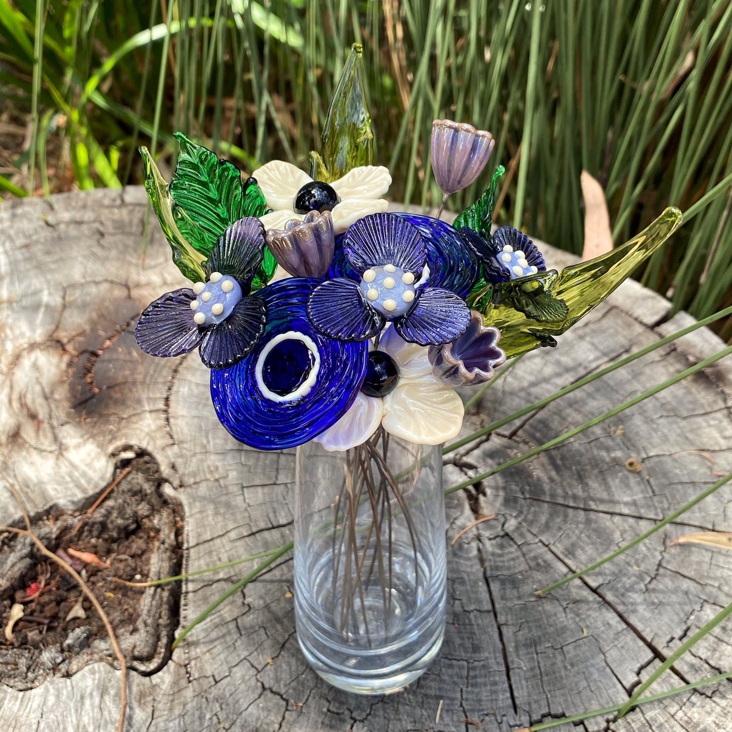 Rhapsody in Blue Glass Flower Bouquet in Glass Vase