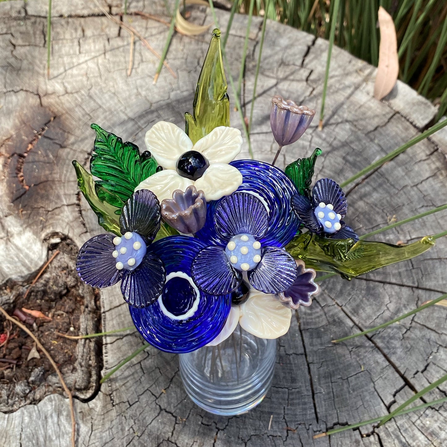 Rhapsody in Blue Glass Flower Bouquet in Glass Vase