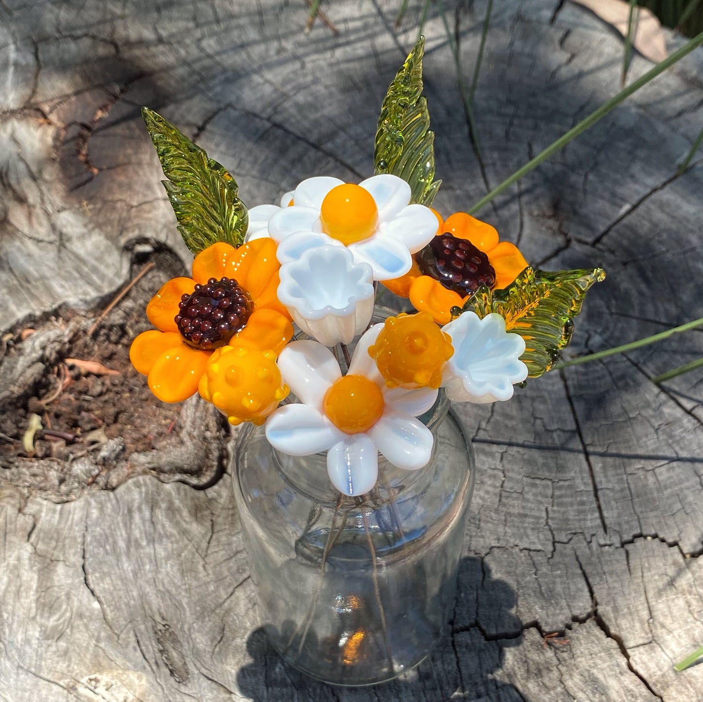 Sunflower Harmony Glass Flower Bouquet in Glass Vase