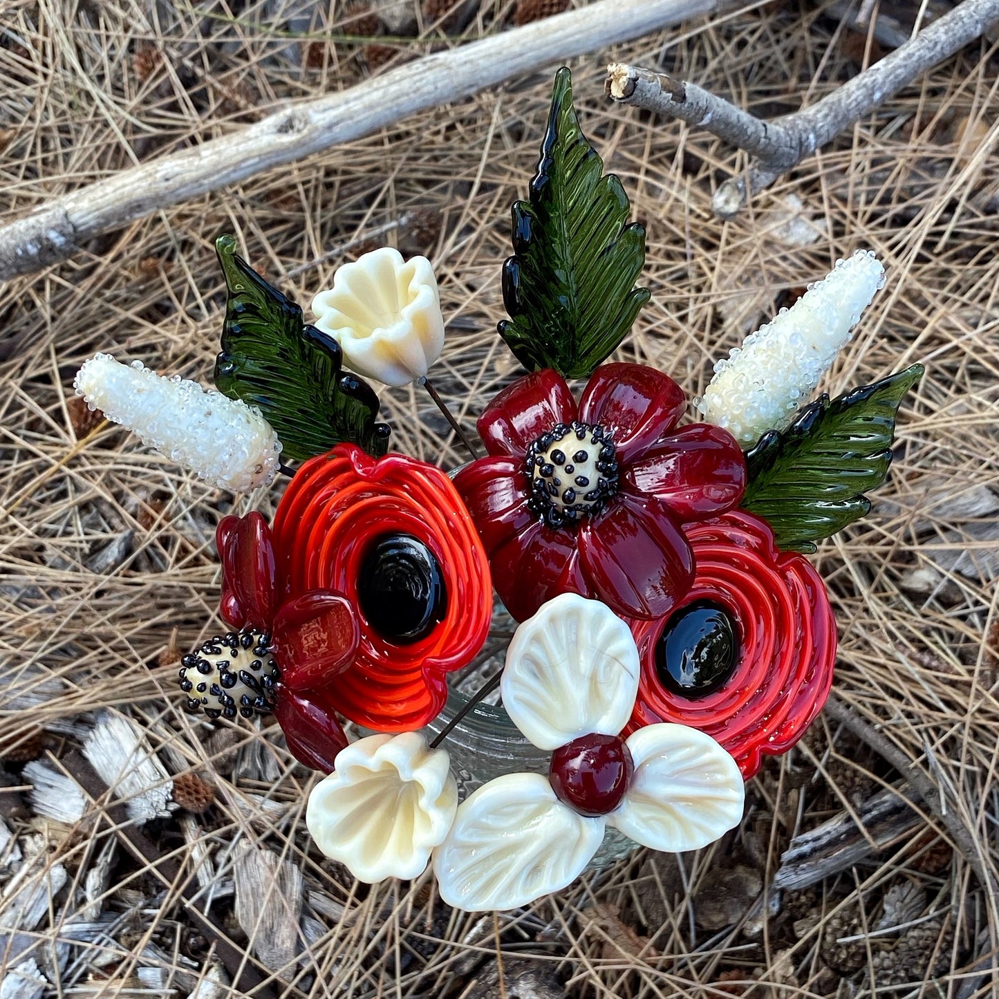 Winter Poppies Glass Flower Bouquet in Glass Vase