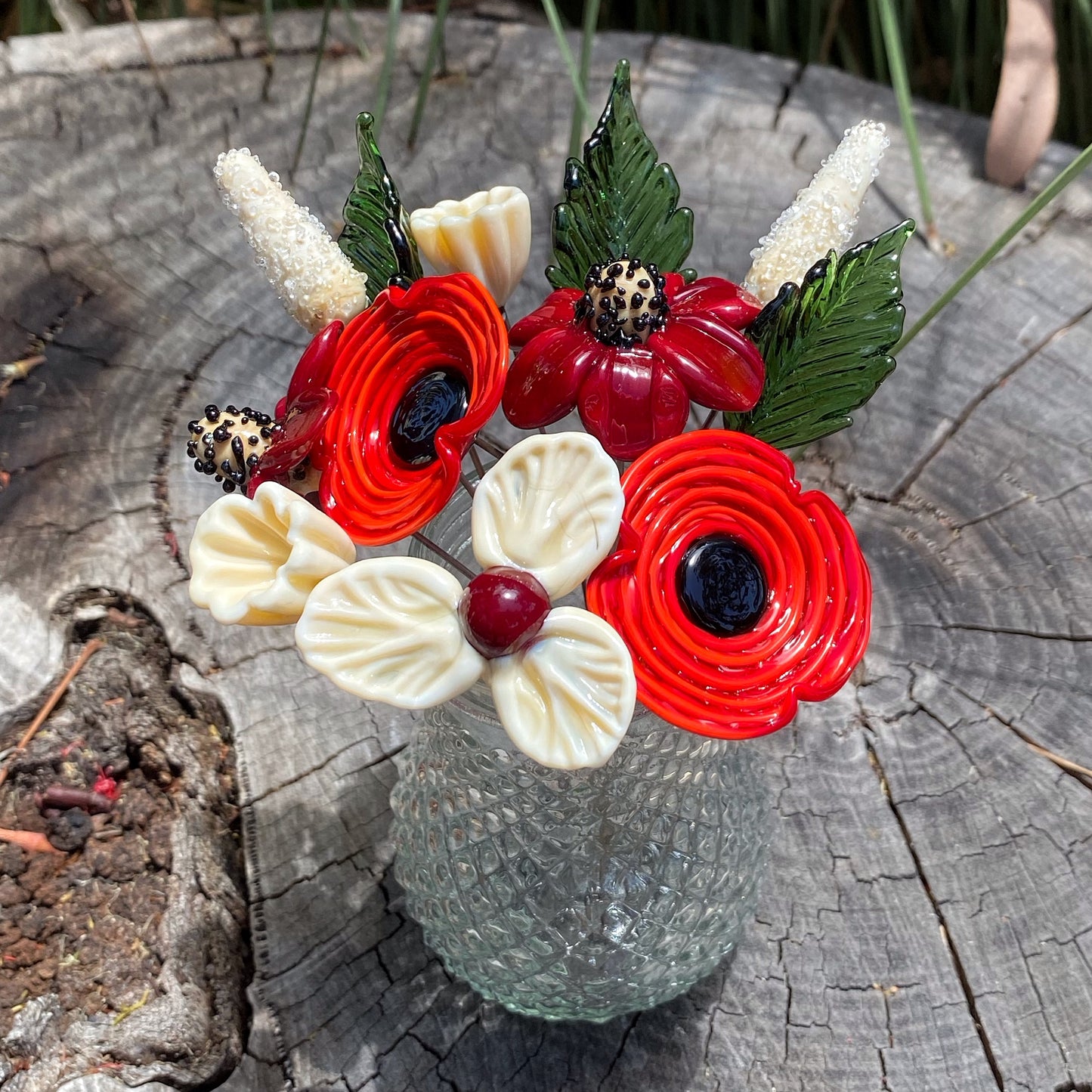 Winter Poppies Glass Flower Bouquet in Glass Vase